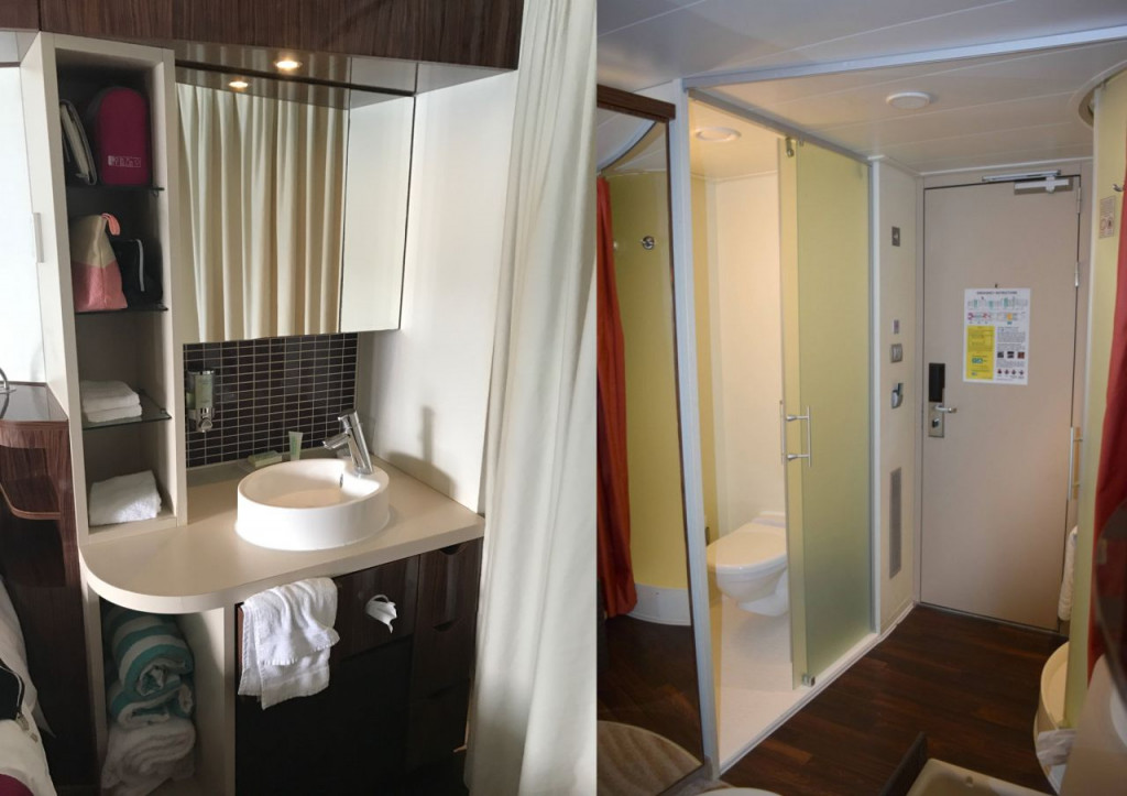 Shower cabin, toilet, and a washbasin on the Norwegian Epic cruise ship