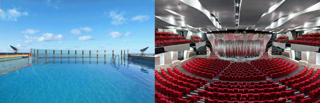 Swimming pool with an infinity effect located on the stern and the theater