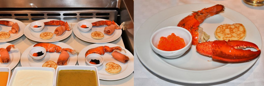 Salmon and lobsters served for the dinner buffet at one of the AIDA Cruises ships